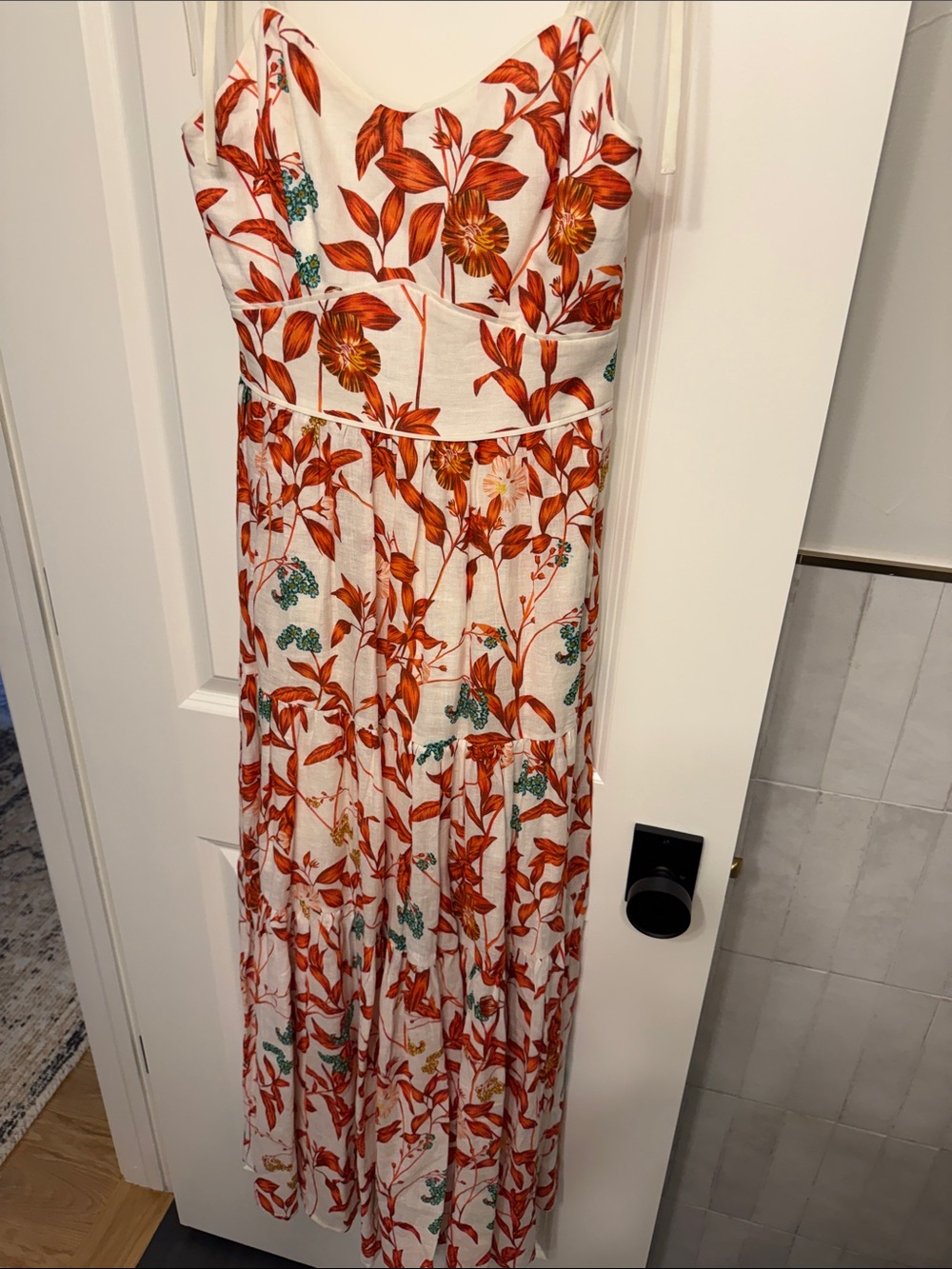 Floral Tie-Shoulder Maxi Dress in White and Rust